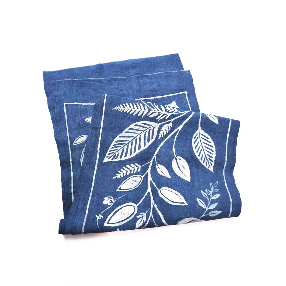 Handmade Indigo Batik Table Runner, Monstera Leaf Botanical Table Decor